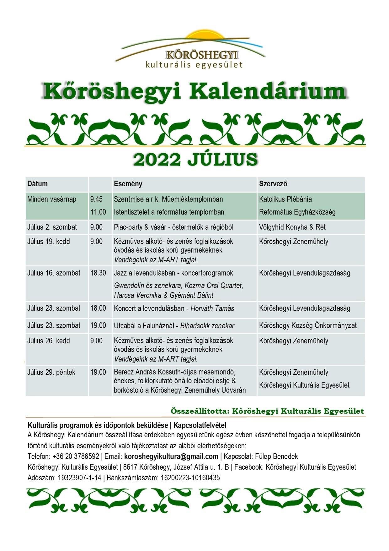 Kőröshegyi Kalendárium 2022 július