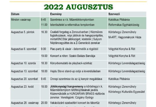 Kőröshegyi Kalendárium 2022 augusztus